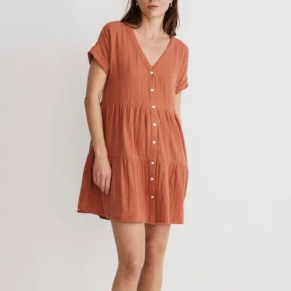 Madewell Lightspun Tiered Mini Dress Womens M Rust Gauze Button Front Cotton